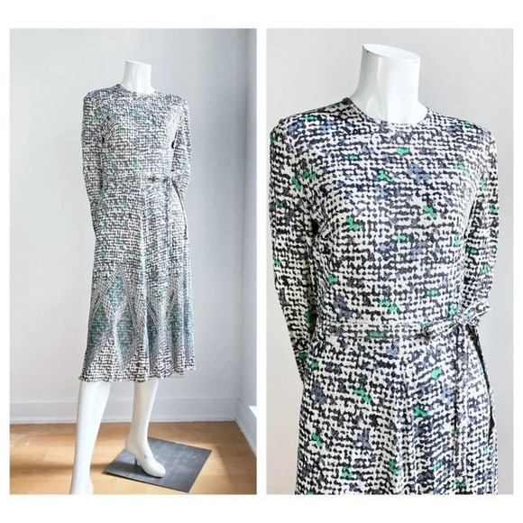 Vintage Slinky Lurex Geometric Print Midi Dress w Matching Belt S - Picture 1 of 9